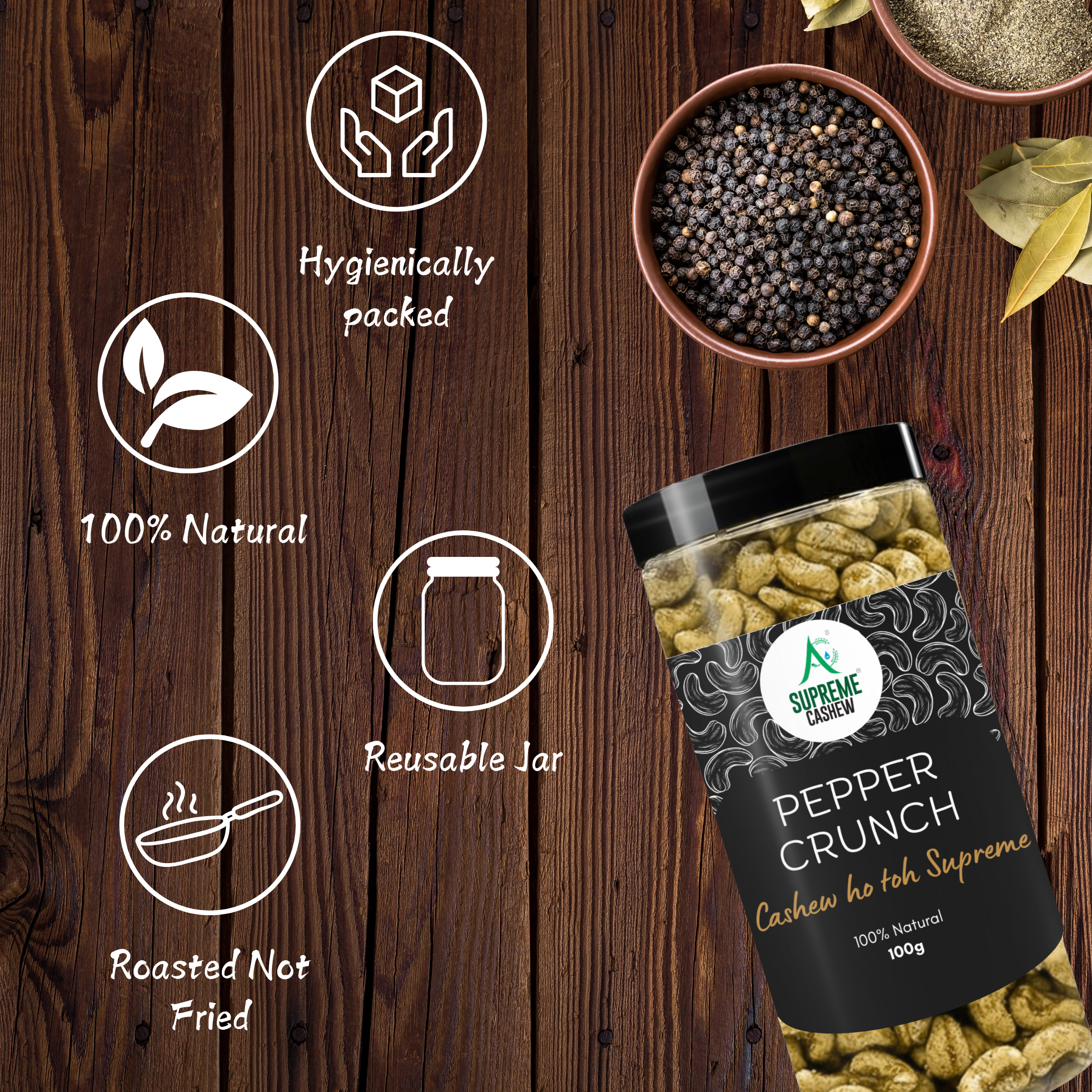 Pack of 5 Flavour Cashews (100g each- Peri Peri , Black Pepper, Mint, Chilly Garlic and 200g- Classic Salted)