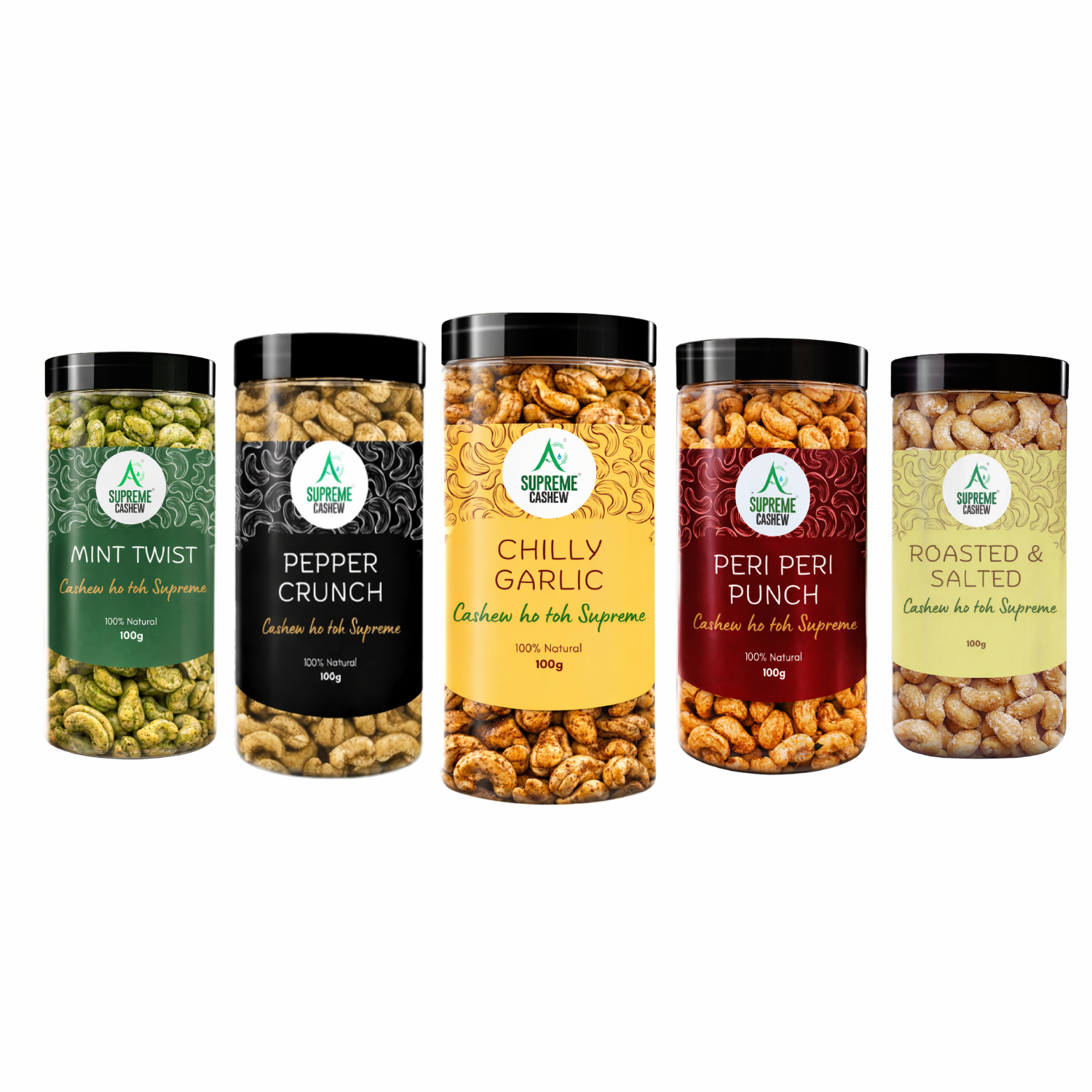 Pack of 5 Flavour Cashews (100g each- Peri Peri , Black Pepper, Mint, Chilly Garlic and Classic Salted)